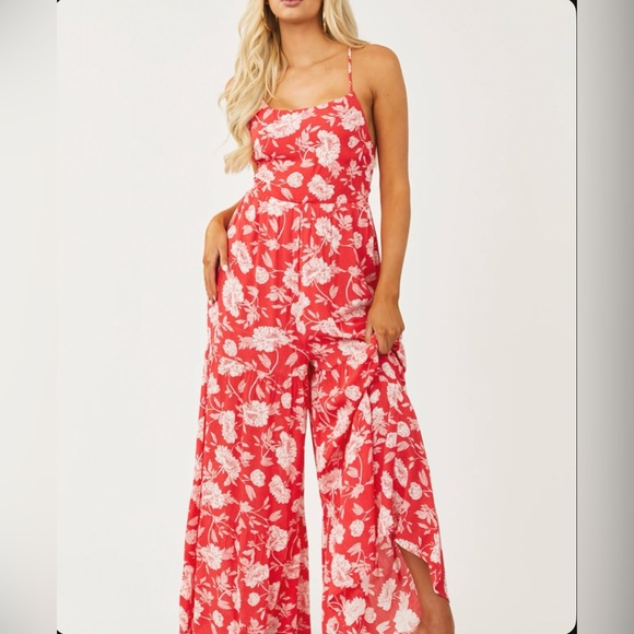 13705 Orange Floral Halterneck Jumpsuit